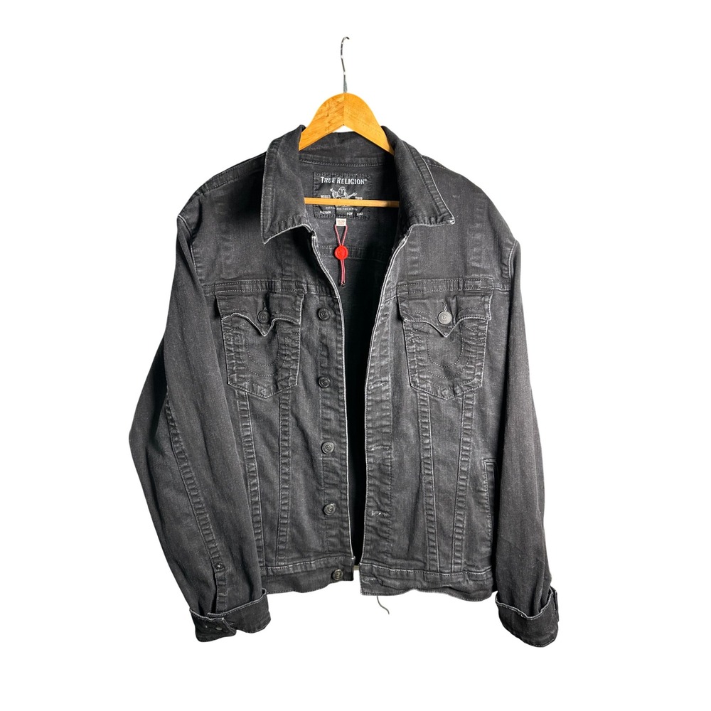 True Religion Mens Washed Black Denim Trucker Jacket Horseshoe Stitch 3XL